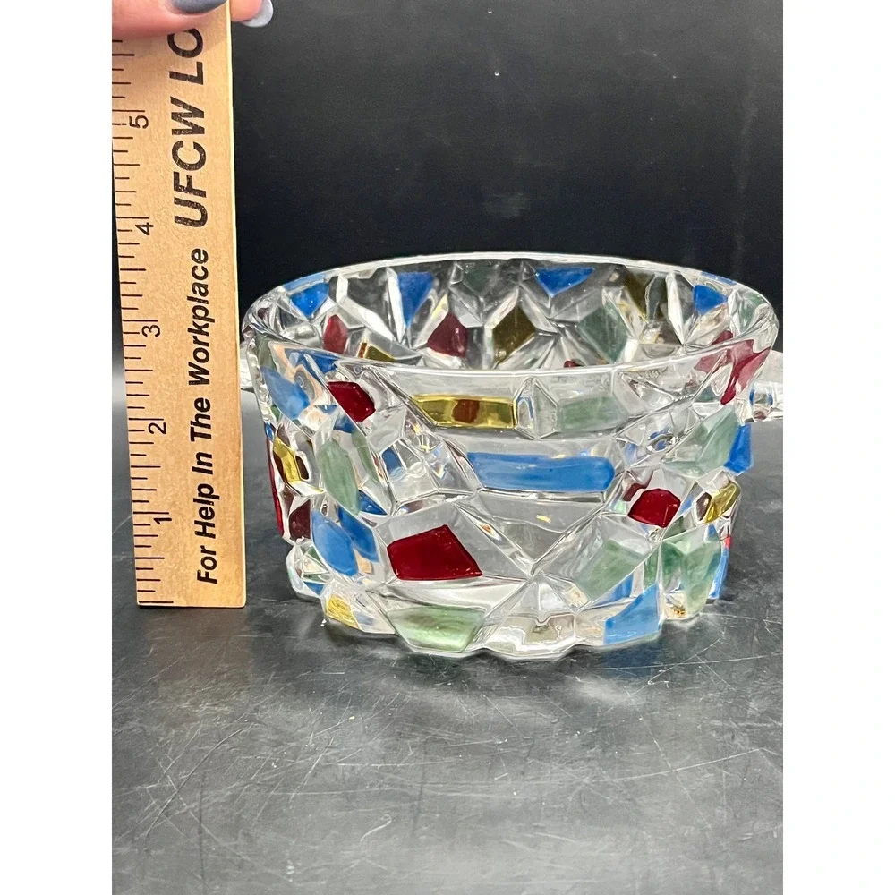 Vtg Heavy Crystal Mosaic Ice‎ Bucket Candy Dish Bowl 2 Handles Red, Green, Blue